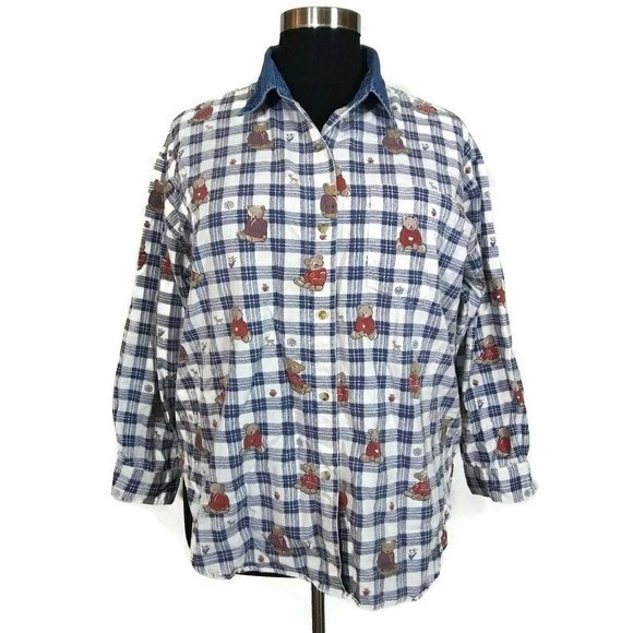 Button Down Plaid Bear Print 100% Cotton Blouse Woman's Sz 22 - Picture 1 of 6
